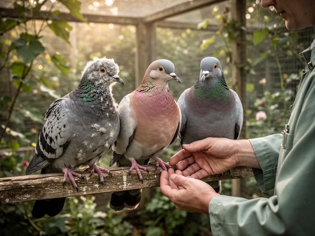 Three young pigeons with distinct species plumage, a dusty grey feral pigeon, a pink-chested wood pigeon, a blue-grey st
