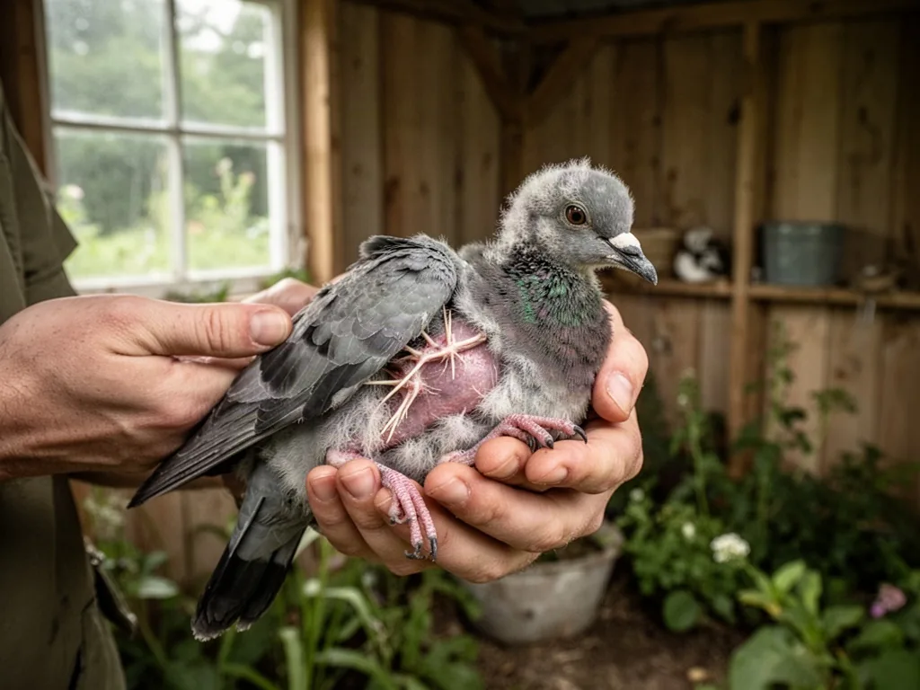 A wildlife rehabilitator cradles a baby pigeon in both palms, tilting the feathered body toward a cool shadow to inspect