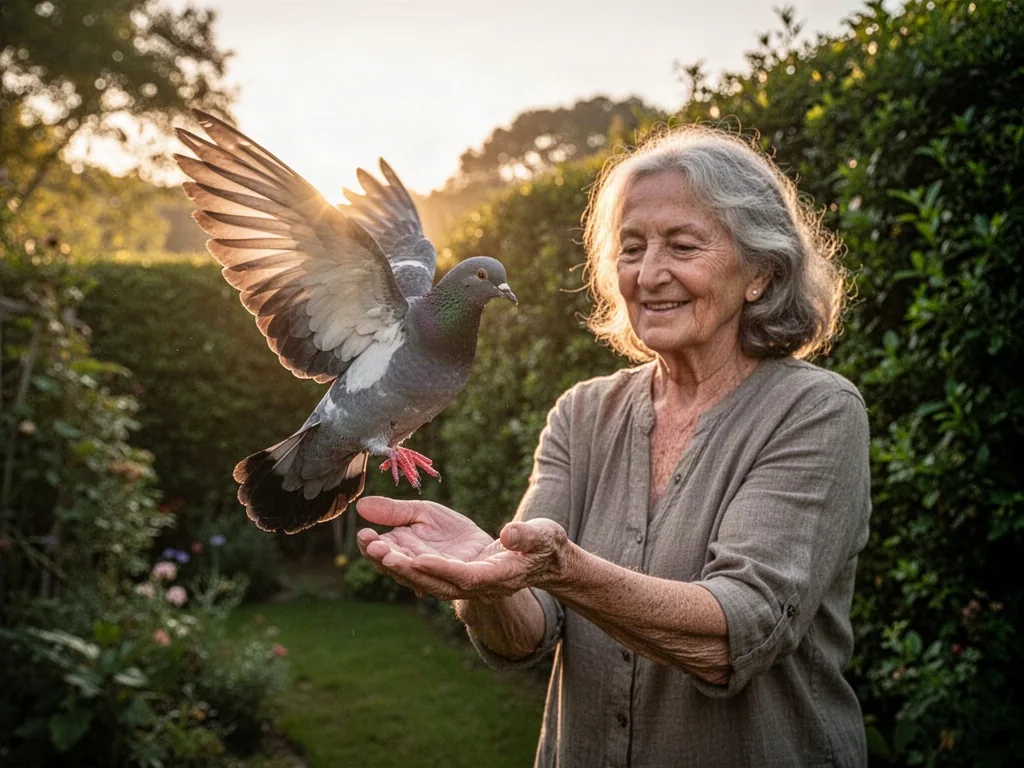 A young pigeon flutters from an older woman's open palms toward a sunlit hedgerow, wings spread, tail feathers fanned, t