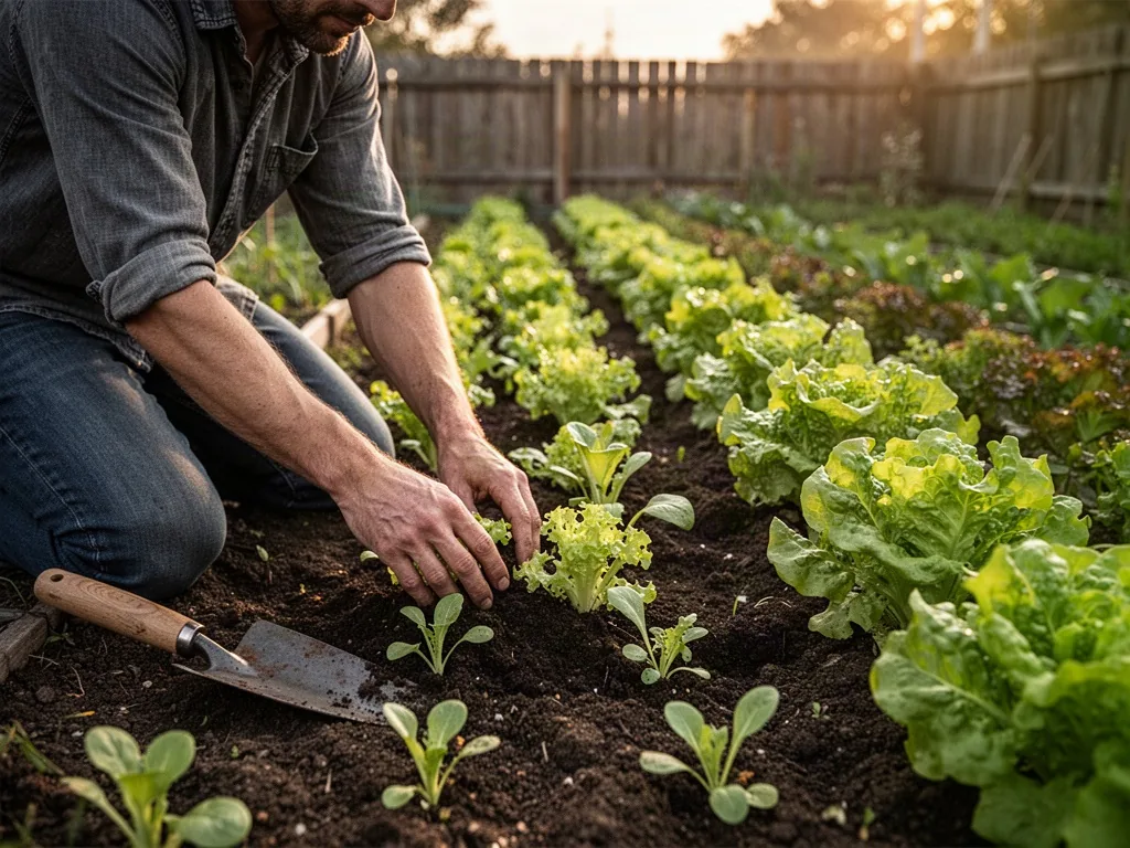 A gardener kneeling on dark soil, planting young lettuce seedlings with bare hands, a plain trowel resting nearby