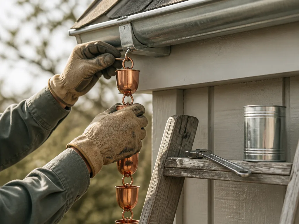 Hands in work gloves attaching a copper rain chain to a galvanized gutter bracket, metal wrench and unlabelled tin can o