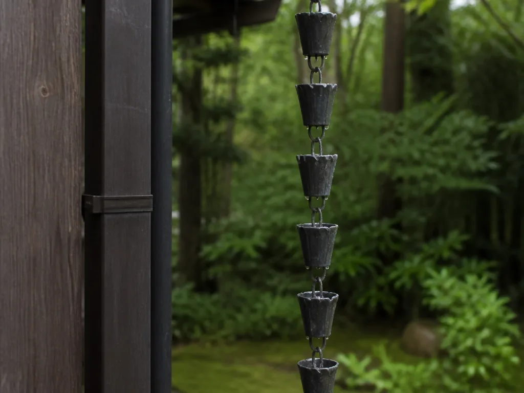 Une chaîne de pluie guide l'eau de la gouttière vers un bassin en pierre