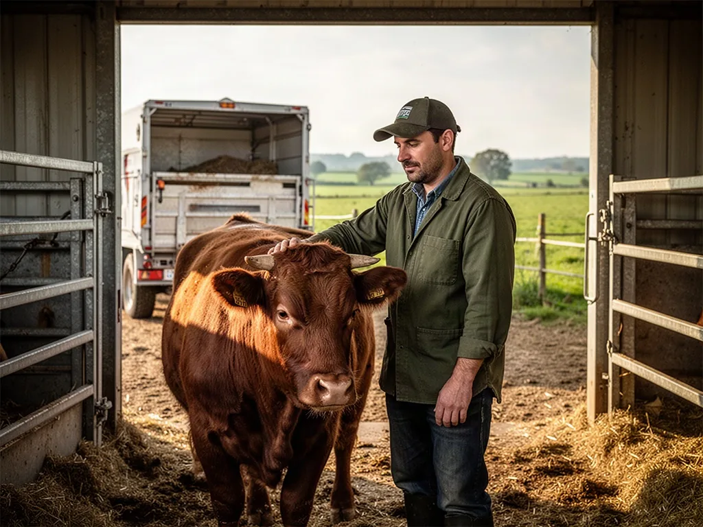 French cattle farmer inspecting a calm Limousin cow, one hand resting on its shoulder → clean livestock market pen openi