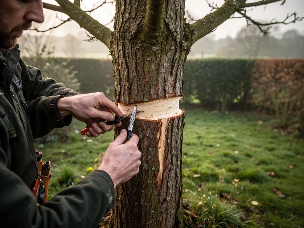 A lone arborist carefully removes a narrow bark ring from a mature unwanted tree, exposing pale cambium around the trunk