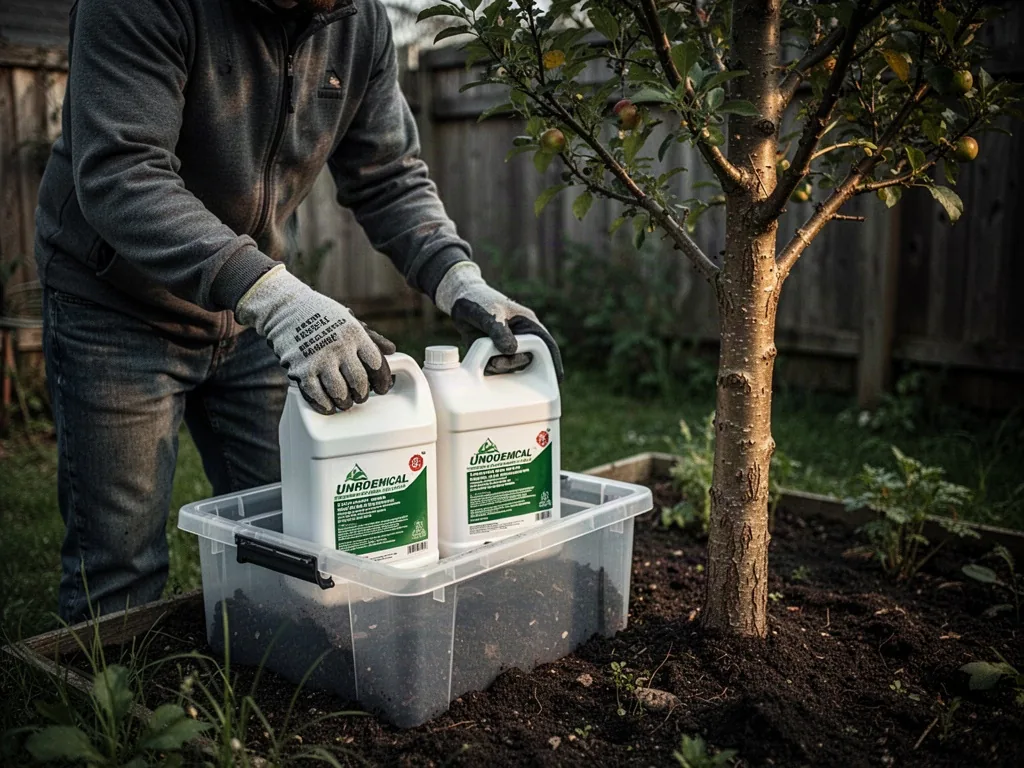 A gloved gardener places plain unbranded chemical containers inside a sealed storage tray beside an untouched tree, illu
