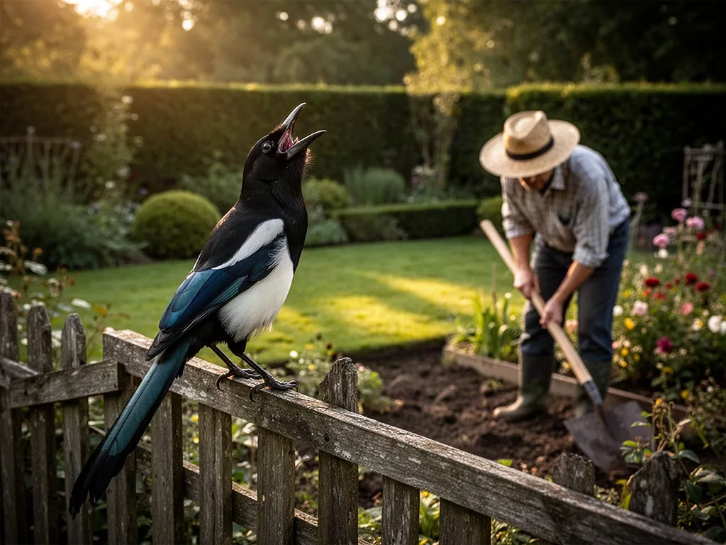 Eurasian magpie cries, perched on a fence rail, head thrown back, beak wide in a staccato call
