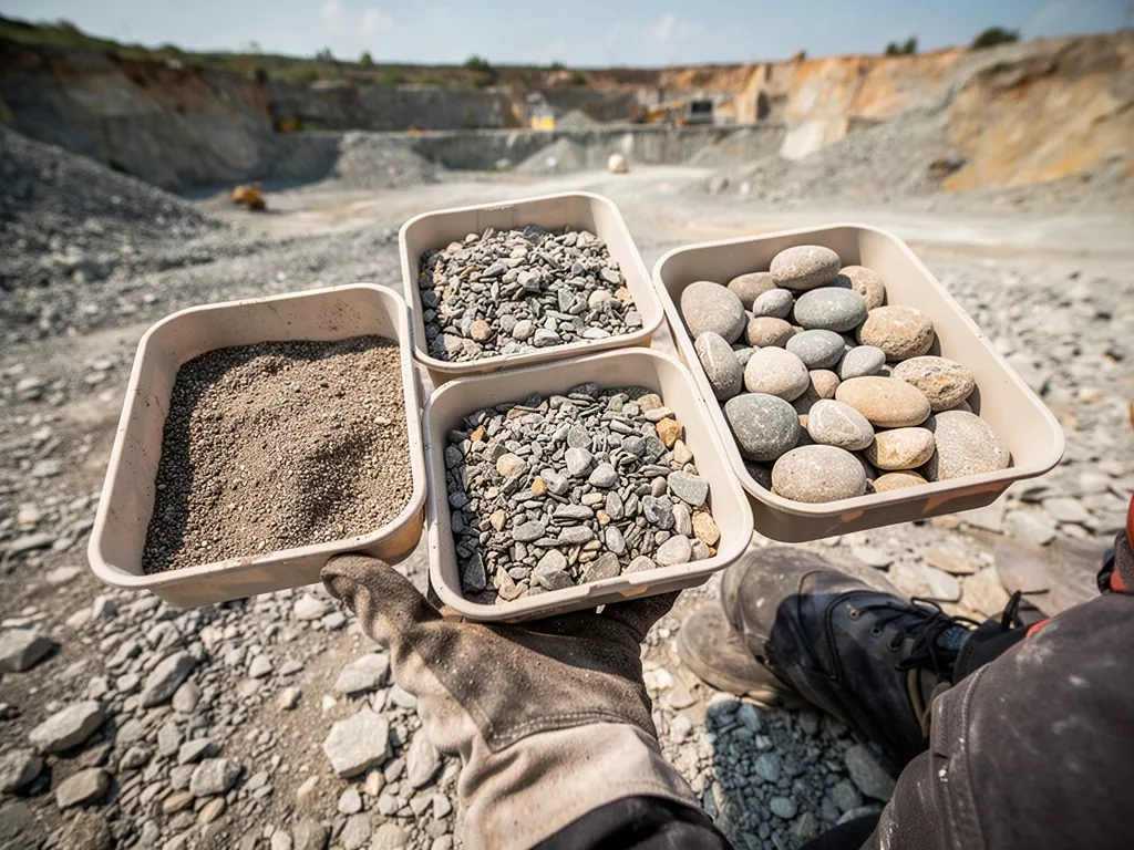 A worker in a dusty work glove holds three plain shallow plastic trays filled with fine grit, coarse pebbles, and larger