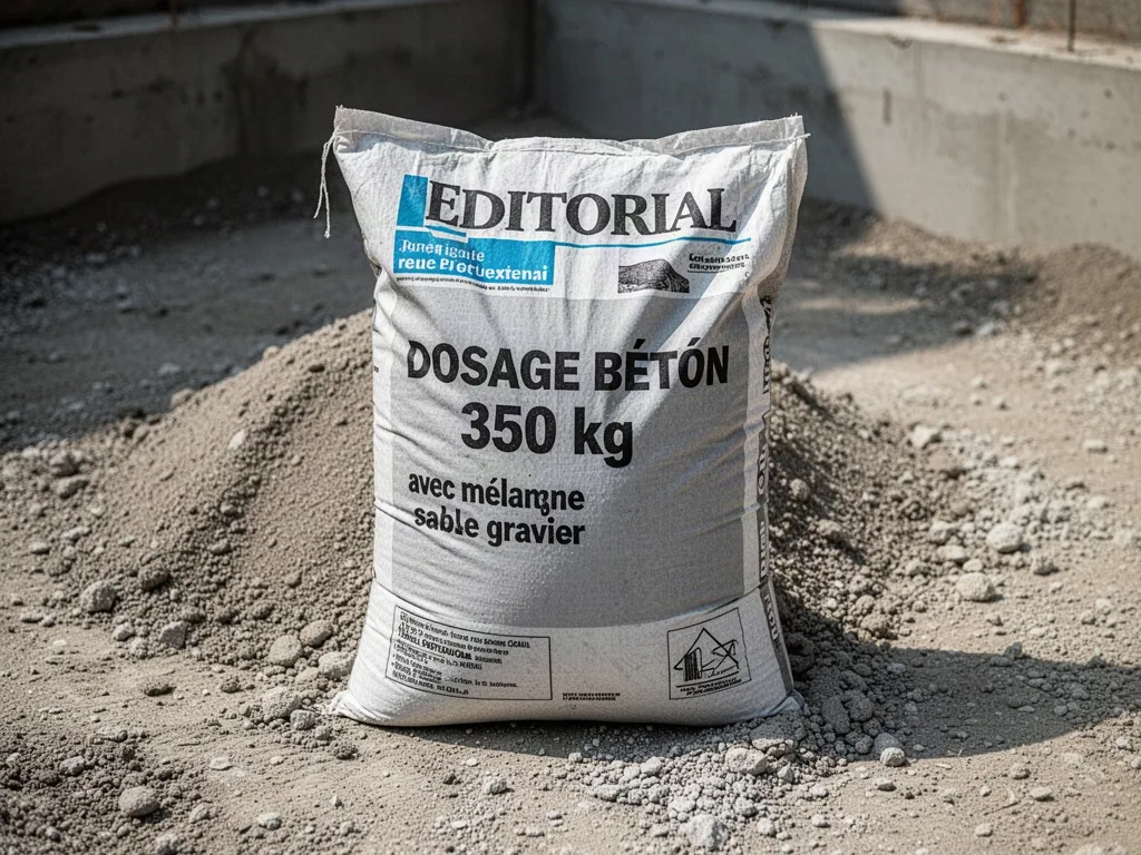 Sac de ciment ouvert, pelle versant le mélange sable-gravier dans une bétonnière