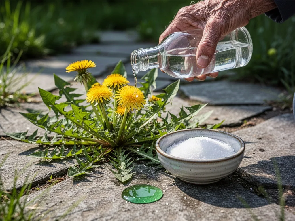 A gardener's weathered hand pours white vinegar from a plain glass bottle onto dandelion weeds; coarse salt in a small c