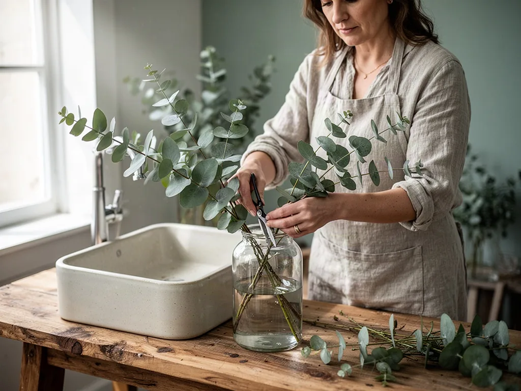 A woman in a linen apron trims eucalyptus stems over a plain ceramic sink, placing them into an unlabelled glass vase on