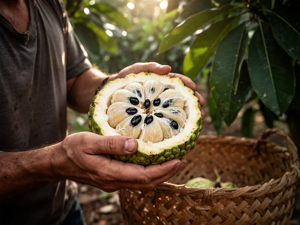 Ripe zatte fruit opens beneath a gardener’s hands, revealing creamy segmented flesh and glossy black seeds → lush tropic