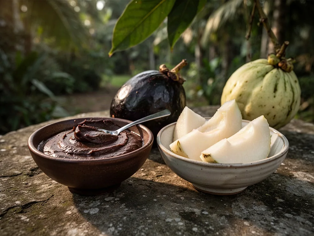Black sapote and white sapote reveal contrasting textures, one spooned like dark pudding, the other sliced into pale cre