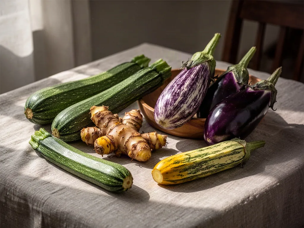 Fresh zucchini, zedoary rhizome, and zebra eggplant gather in a rare vegetable study as one cook gently arranges them → 
