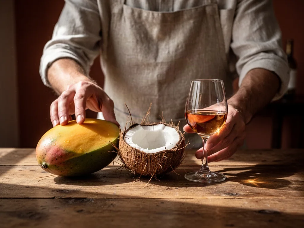 A sommelier in a linen apron arranges a halved mango, a cracked coconut with fibrous brown husk, and a small copita of a