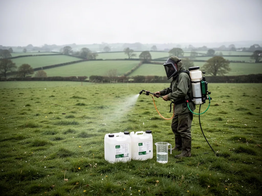 A farmer in protective gear sprays a meadow from a backpack sprayer, pausing beside unlabelled white canisters and a cle
