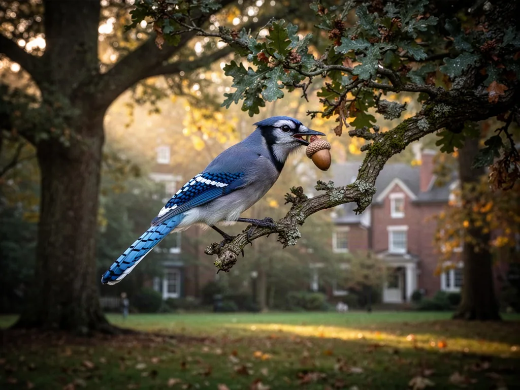 A blue jay carries an acorn through oak branches, moving between mature woodland and a leafy urban park with distant bri