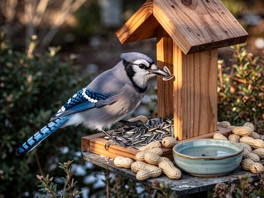 A blue jay selects a sunflower seed from a simple cedar feeder, perched beside scattered peanuts and a small ceramic wat