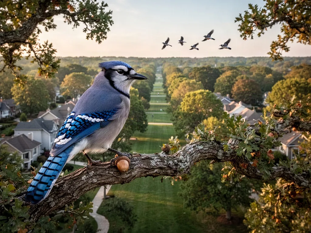 A blue jay surveys a thriving neighborhood from an oak limb, one acorn held beneath its foot as several distant jays cro