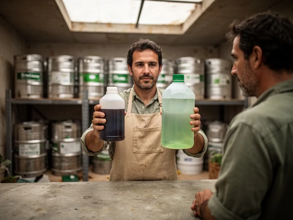 A Spanish agricultural supplier in a beige apron holds two plain unlabelled plastic bottles at eye level, one small opaq
