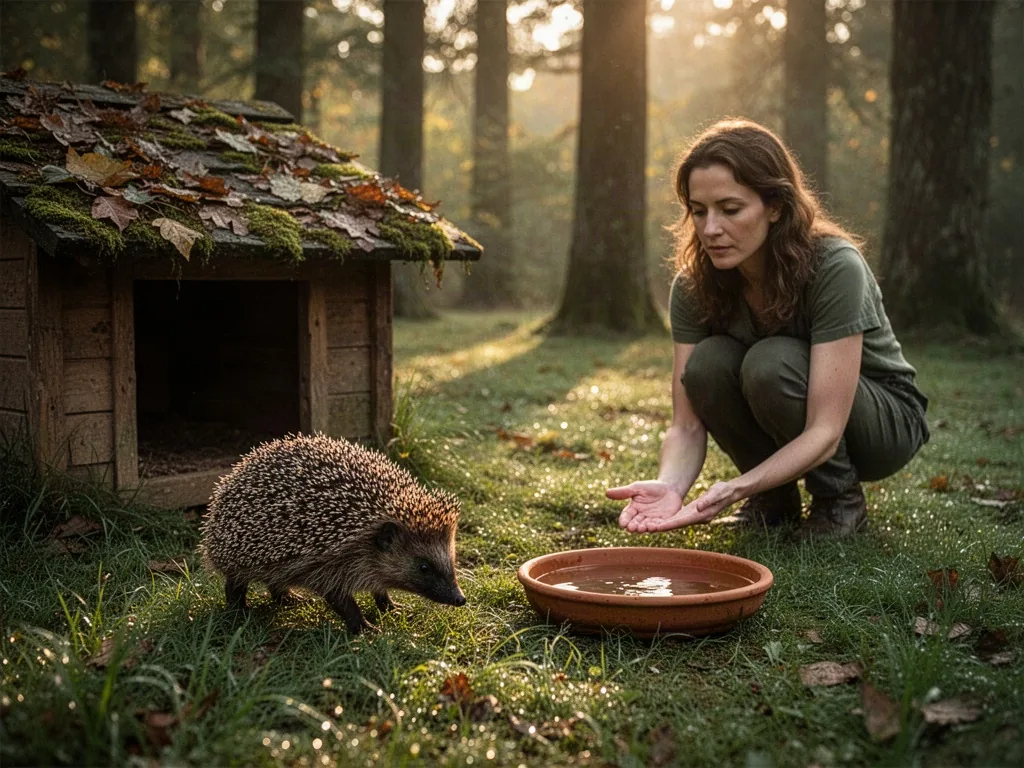 A wild hedgehog with bristling brown spines snuffles across dewy grass toward a low wooden shelter with a leaf-covered r