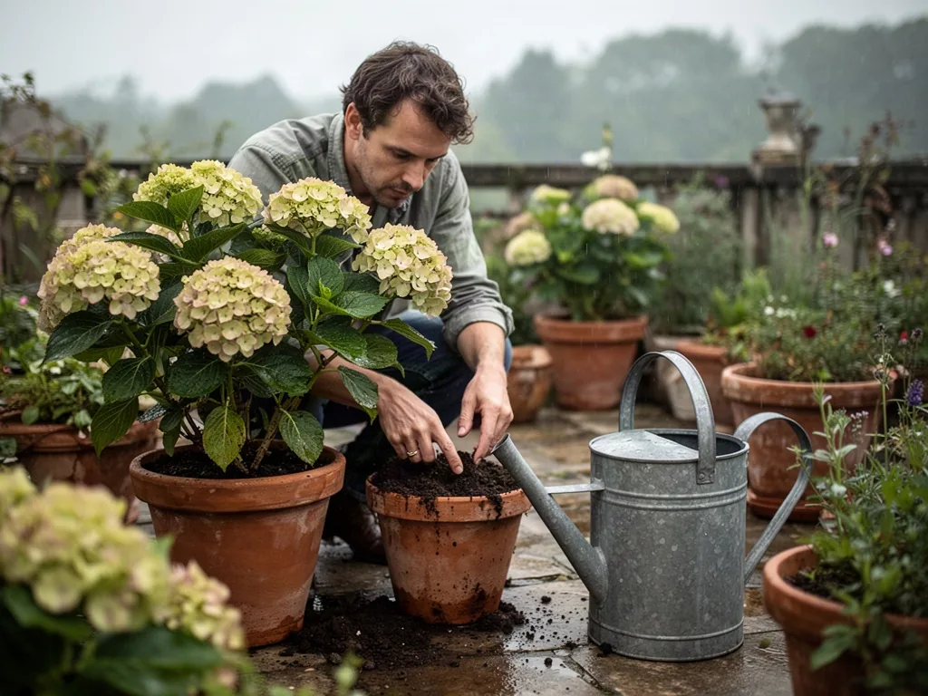 A gardener crouches beside a potted hydrangea, pressing a finger into damp soil before deciding whether to water