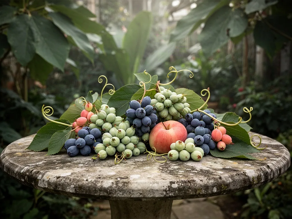 Hala, huito, honeyberries, and hovenia fruit form a vivid seasonal arrangement on a weathered stone table in a lush bota