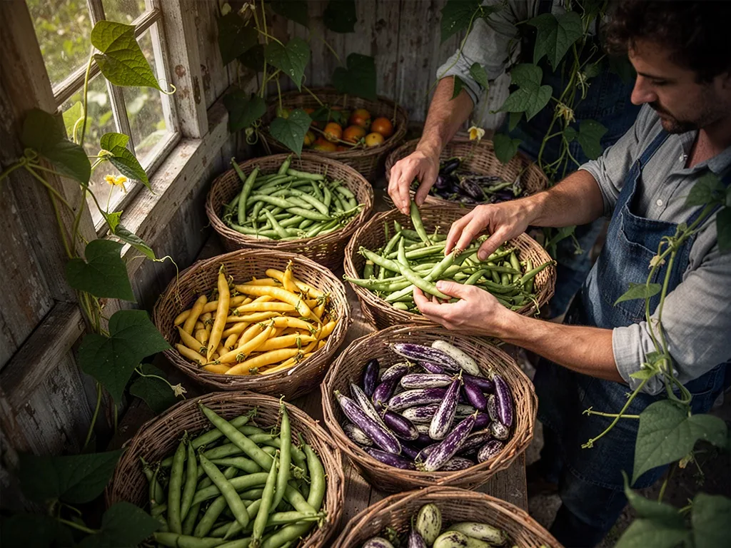 A gardener sorts fresh green, yellow, purple, and speckled beans into shallow wicker baskets inside a rustic garden shed