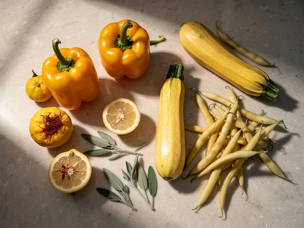Yellow pepper and golden zucchini lead a playful sorting scene, arranged beside yuzu and yellow wax beans by a cook’s ca