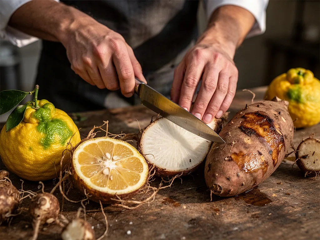 Fresh yuzu, yacón, and yam cross culinary boundaries as one chef slices yacón beside halved citrus and a roasted yam on