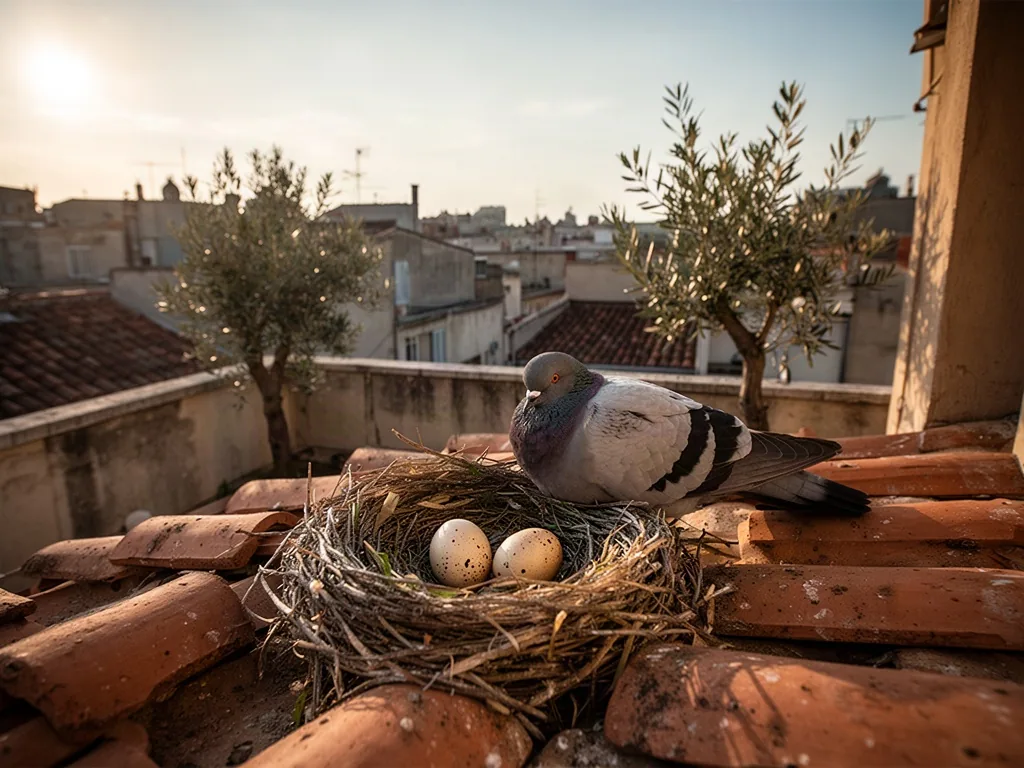 A nesting pigeon shelters two eggs beside terracotta tiles, facing the rising sun on an east-oriented urban balcony with