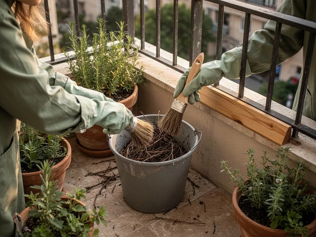A gloved resident gently cleans an empty balcony corner, brushing loose twigs into a plain unmarked container while inst