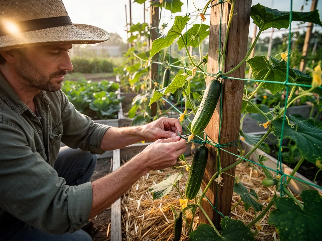 A gardener in a straw hat ties green twine around a vigorous cucumber vine on a wooden trellis, pinching off side shoots