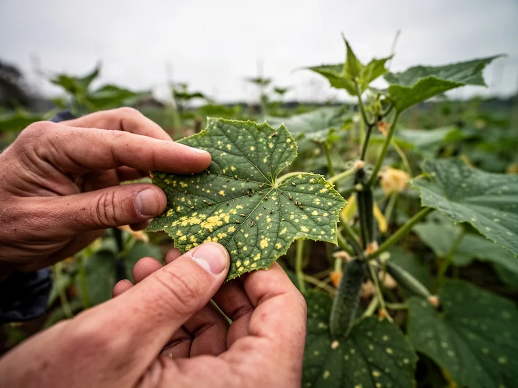 A gardener holds a cucumber leaf between fingers, turning it over to reveal speckled yellow patches and tiny aphids, whi