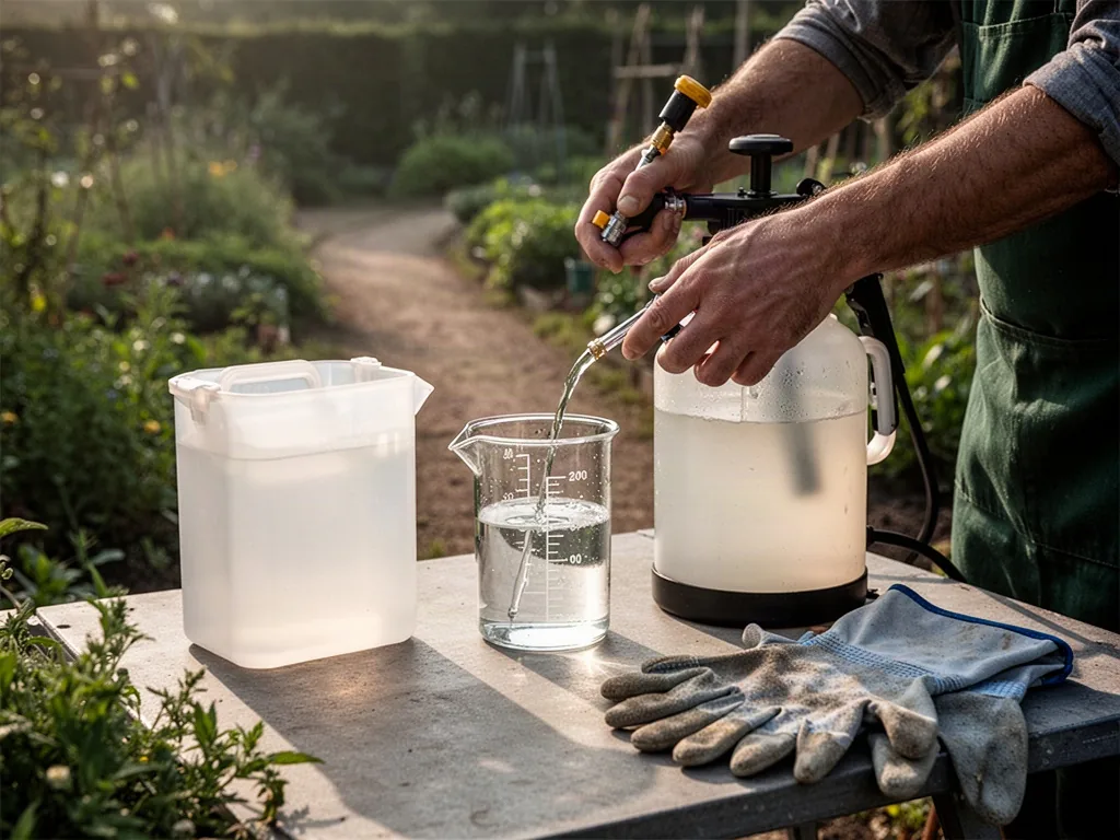 Gardener carefully measures herbicide solution into a sprayer, beside a one-liter clear measuring jug, plain blank conta