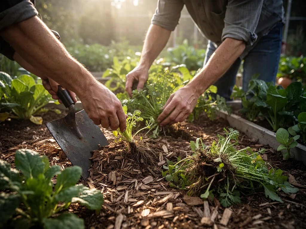 Gardener removes weeds by hand while spreading natural mulch, with a sturdy garden hoe and small pile of uprooted plants