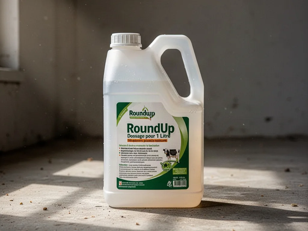 Dosage précis du Roundup dans un litre d'eau versé dans un pulvérisateur