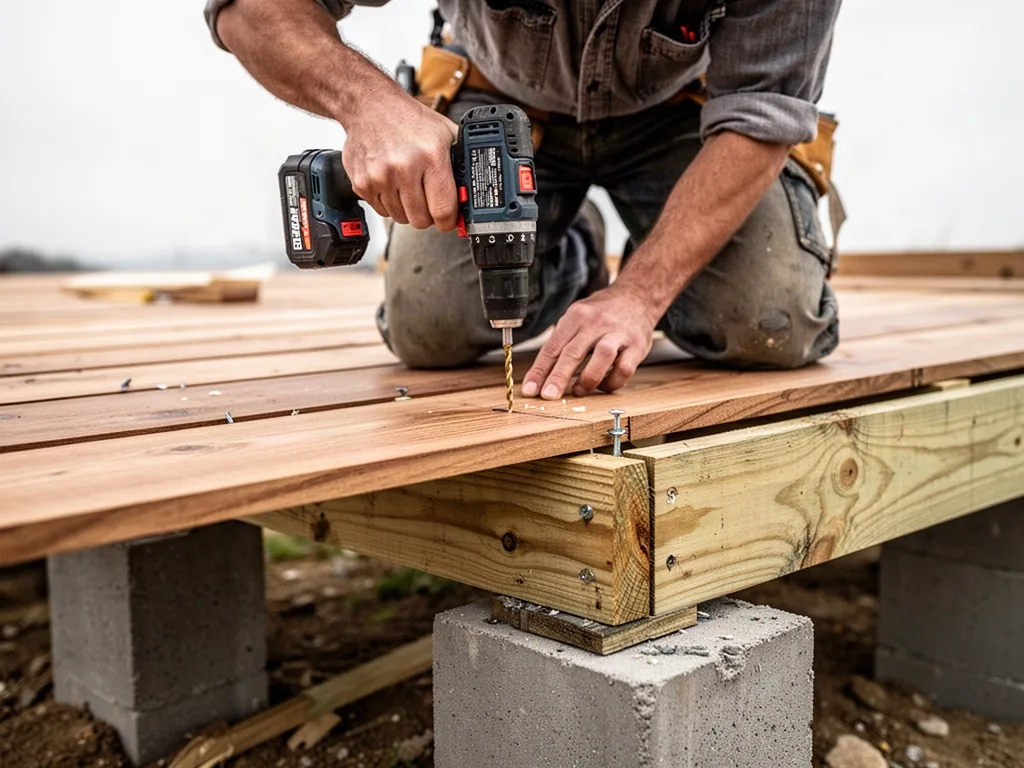 A carpenter screwing a hardwood deck board onto pressure-treated joists, one hand on a drill, knee braced on the plank,