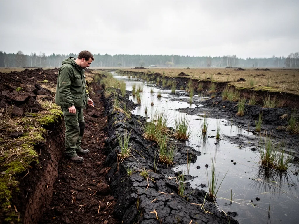 A conservation worker examines a freshly cut peat bank beside a damaged wetland → exposed dark peat trenches, sparse sed