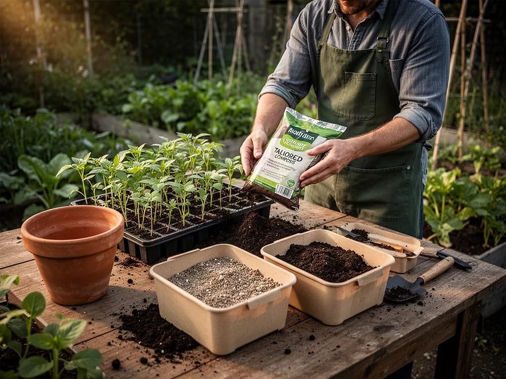 A gardener selects tailored compost for young vegetable seedlings → productive kitchen garden beside a wooden worktable,